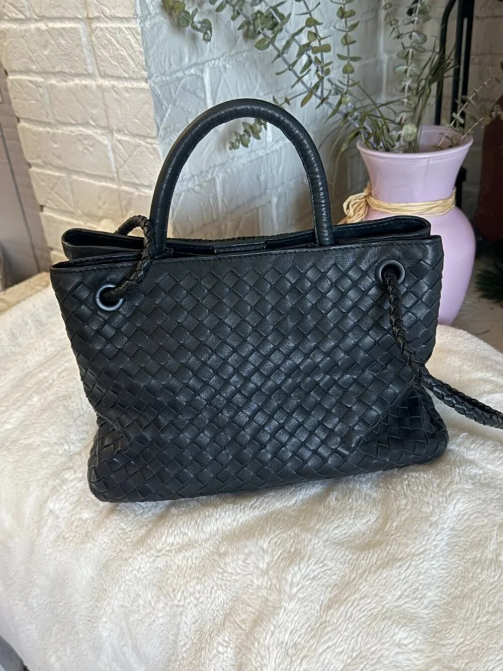 Quince Romy Handwoven Satchel Black Italian Leather NWOT